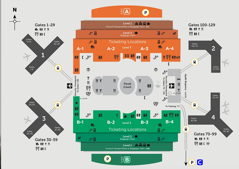 Official Orlando International Airport map showing terminals, airsides, and tram routes.