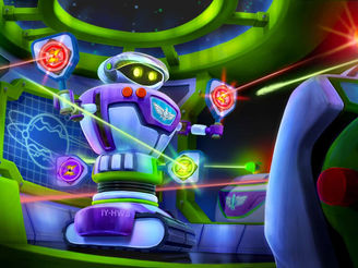 Concept Art for Buzz Lightyear's Space Ranger Spin updates. A white and purple robot with yellow eyes in a greenish spaceship with orange and green lasers shooting around him.
