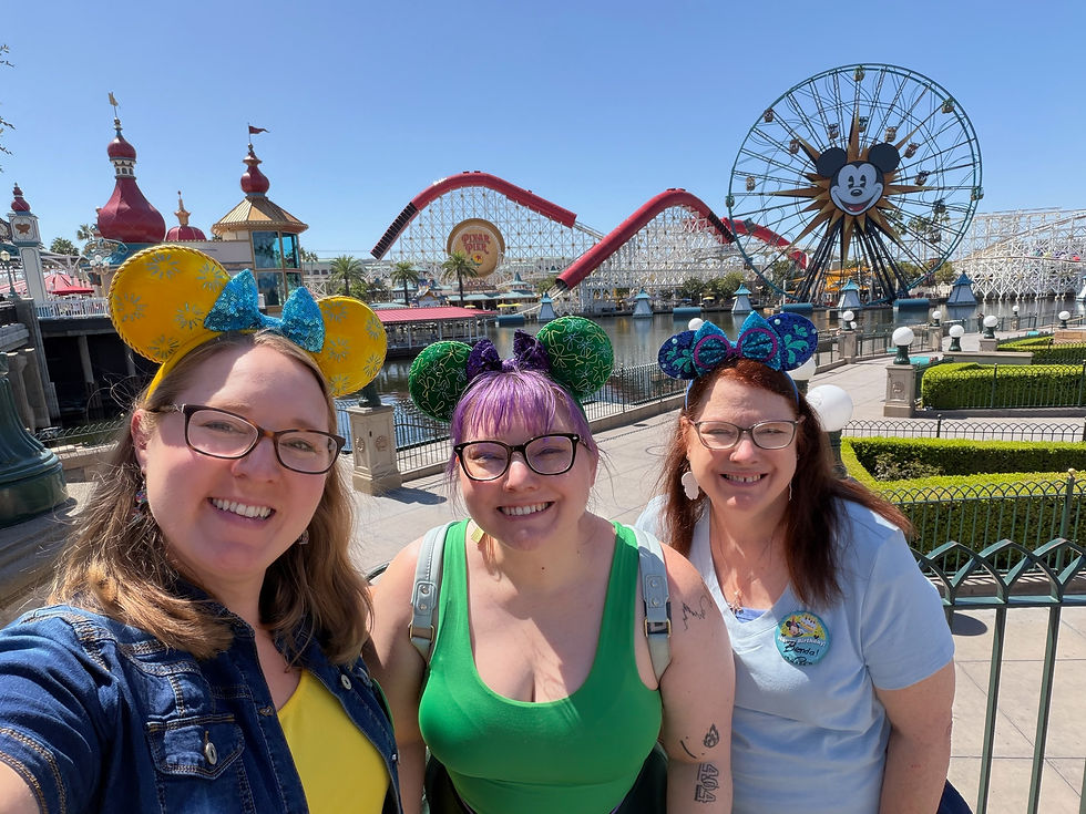Pixie Dust Trio: Bren, Lyn, and Kim in front of Pixar Pier at Disney California Adventure