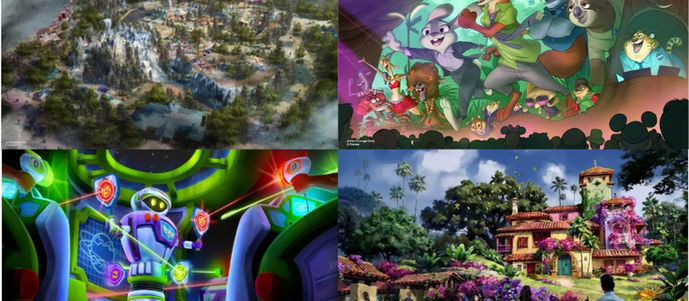 4 Disney Concept art images for upcoming new attractions or lands at Walt Disney World