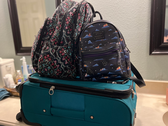Suitcase, backpack and Loungefly bag, packed and ready for Walt Disney World