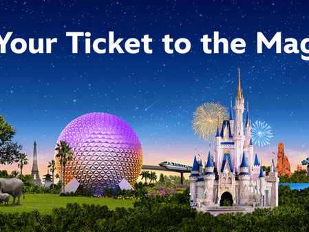 Tree of Life, Spaceship Earth, Cinderella Castle, and the Tower of Terror on a dark blue sky with green grass.