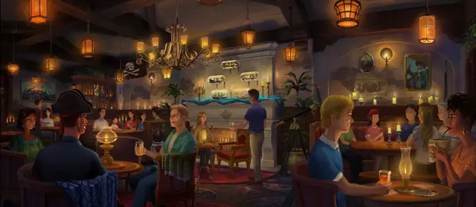 Concept art of Disney’s new Beak & Barrel Tavern at Magic Kingdom, a pirate-themed lounge with nautical décor and storytelling details.