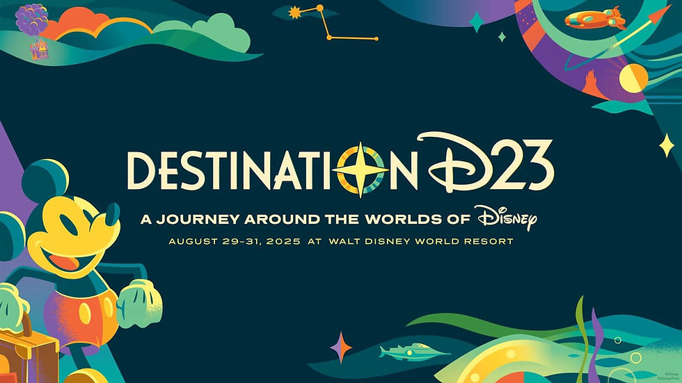 Destination D23 logo on a dark background surrounded by Mickey and colorful shapes and scenery.
