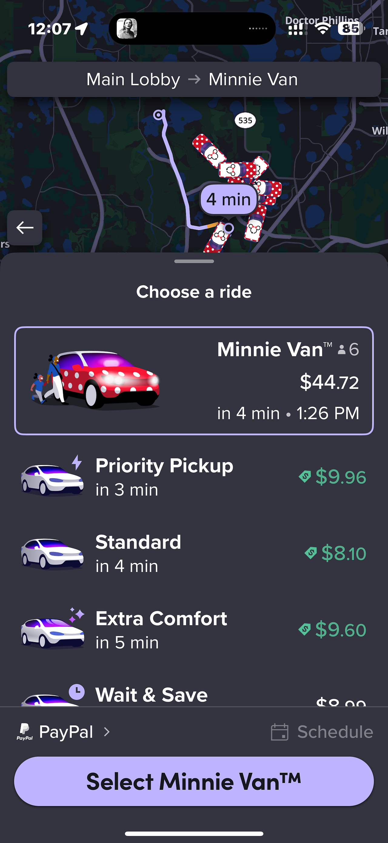 Screenshot of the Lyft App - requesting a Minnie Van