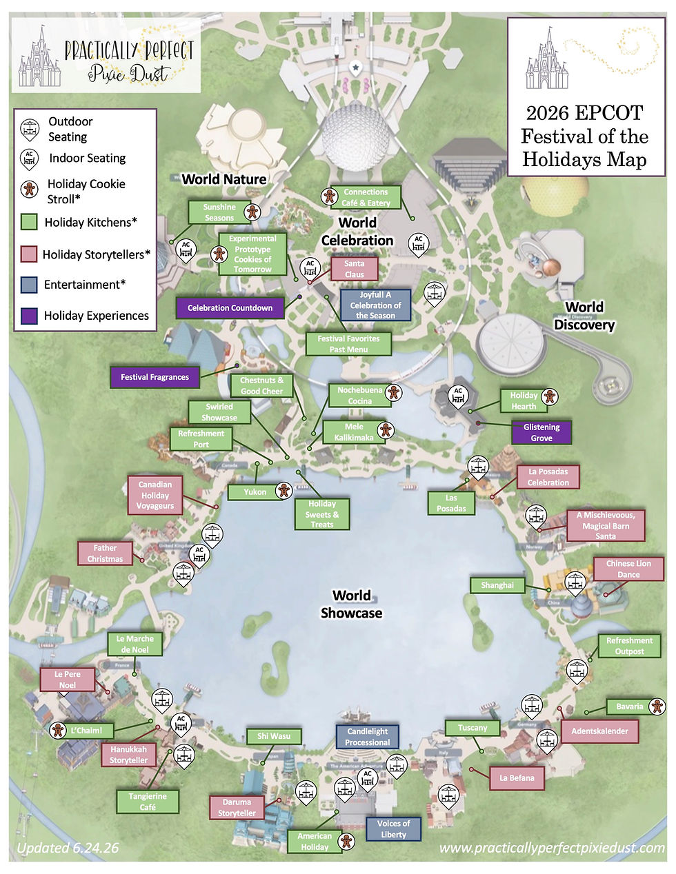 EPCOT Festival of the Holidays 2026 map with Holiday Kitchens and Storytellers marked.
