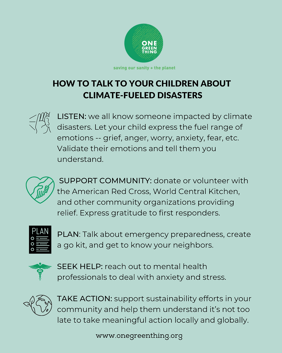 Green background with black writing, how to talk to your children about climate-fueled disasters, including listen, support community, plan, seek help, and take action.