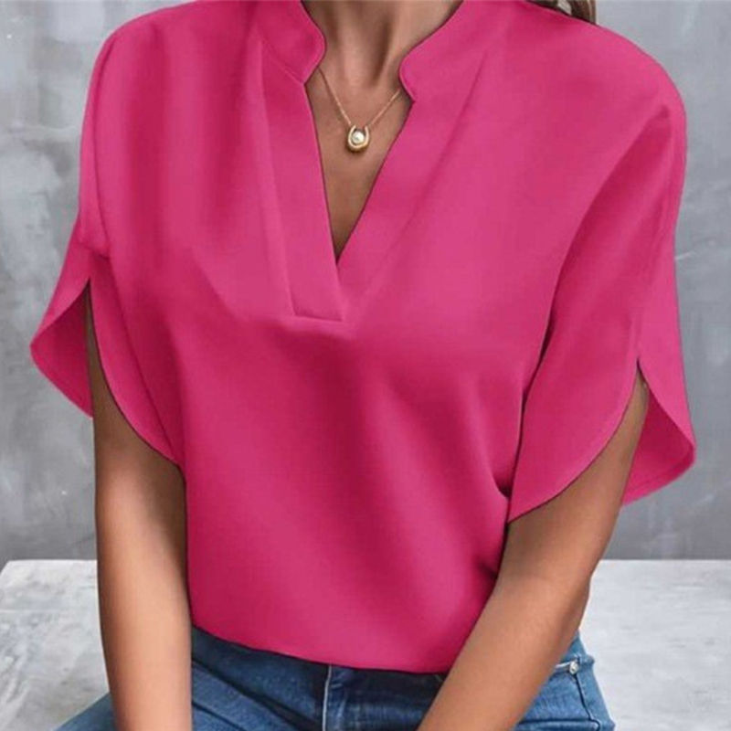 Thumbnail: moda manga curta sólida decote em v camisas soltas