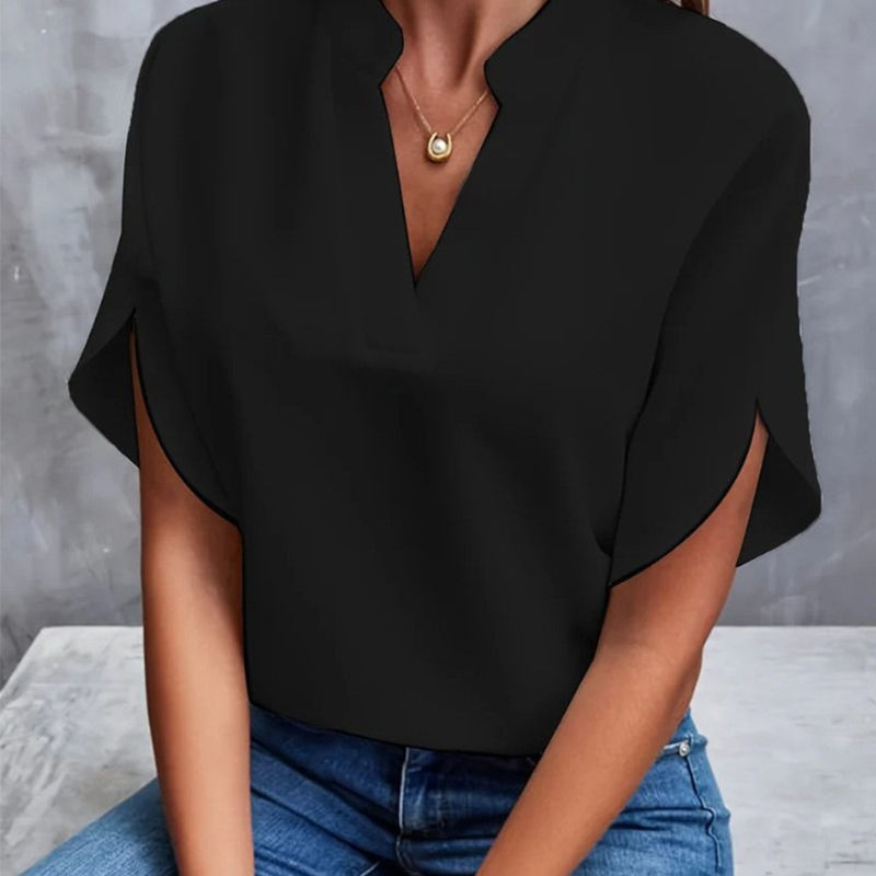 Thumbnail: moda manga curta sólida decote em v camisas soltas