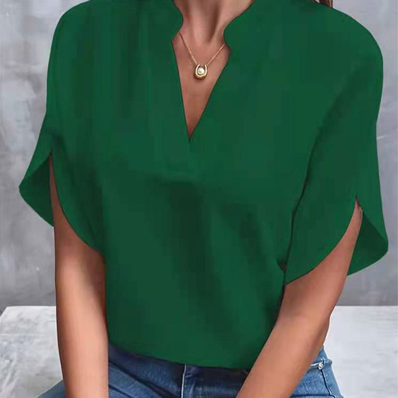 Thumbnail: moda manga curta sólida decote em v camisas soltas