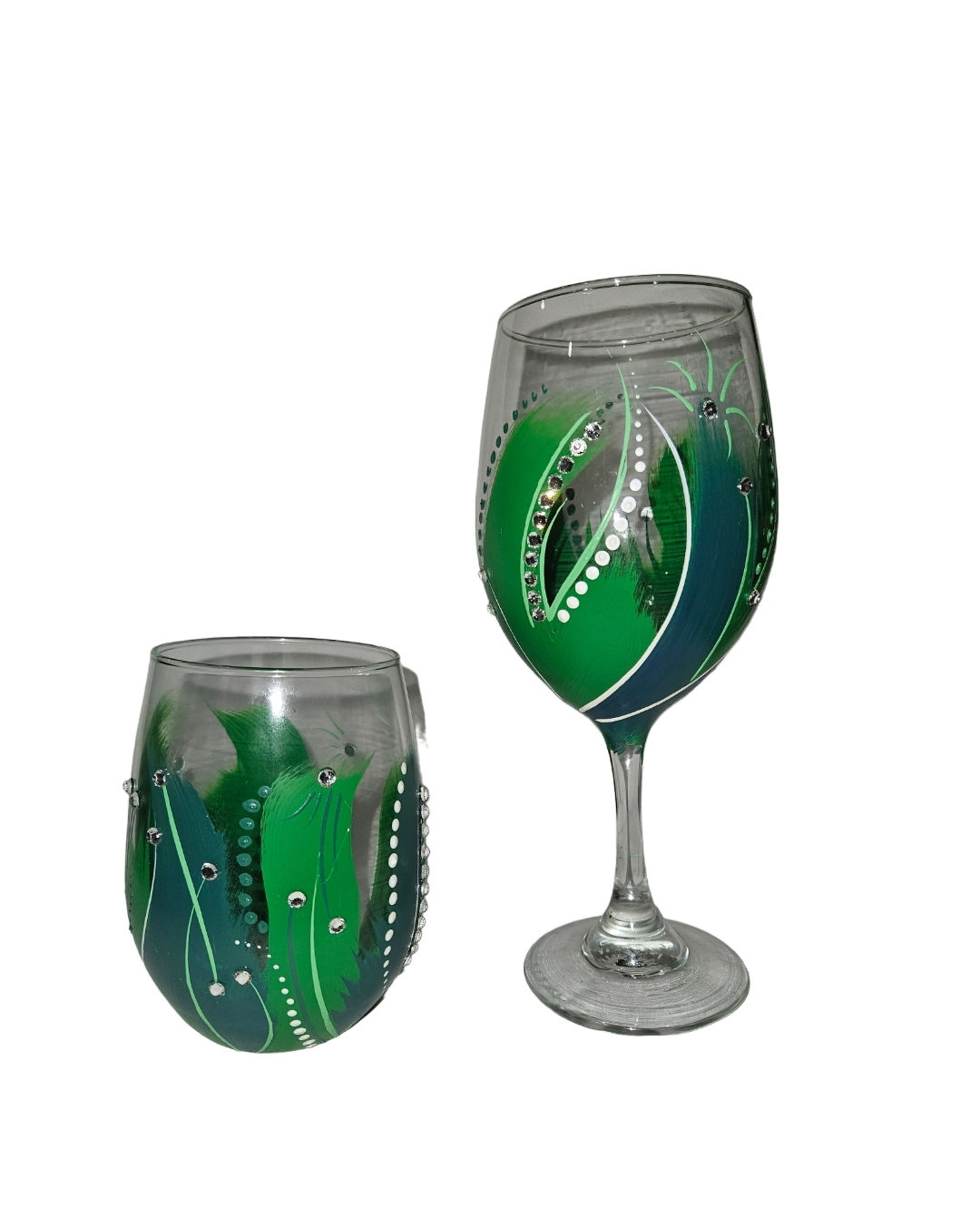 Green Hand-Painted STEMLESS Wine Glass with Rhinestones STEMLESS (20.5 oz )
