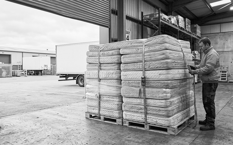 Returned mattresses awaiting bulk collection from a commercial warehouse