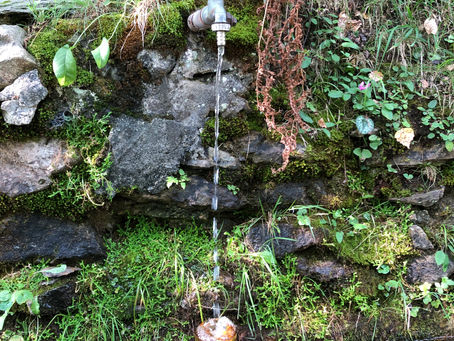 Brunnen auf einer Wanderung, frisches Wasser, Wasserhahn, Wasserglas