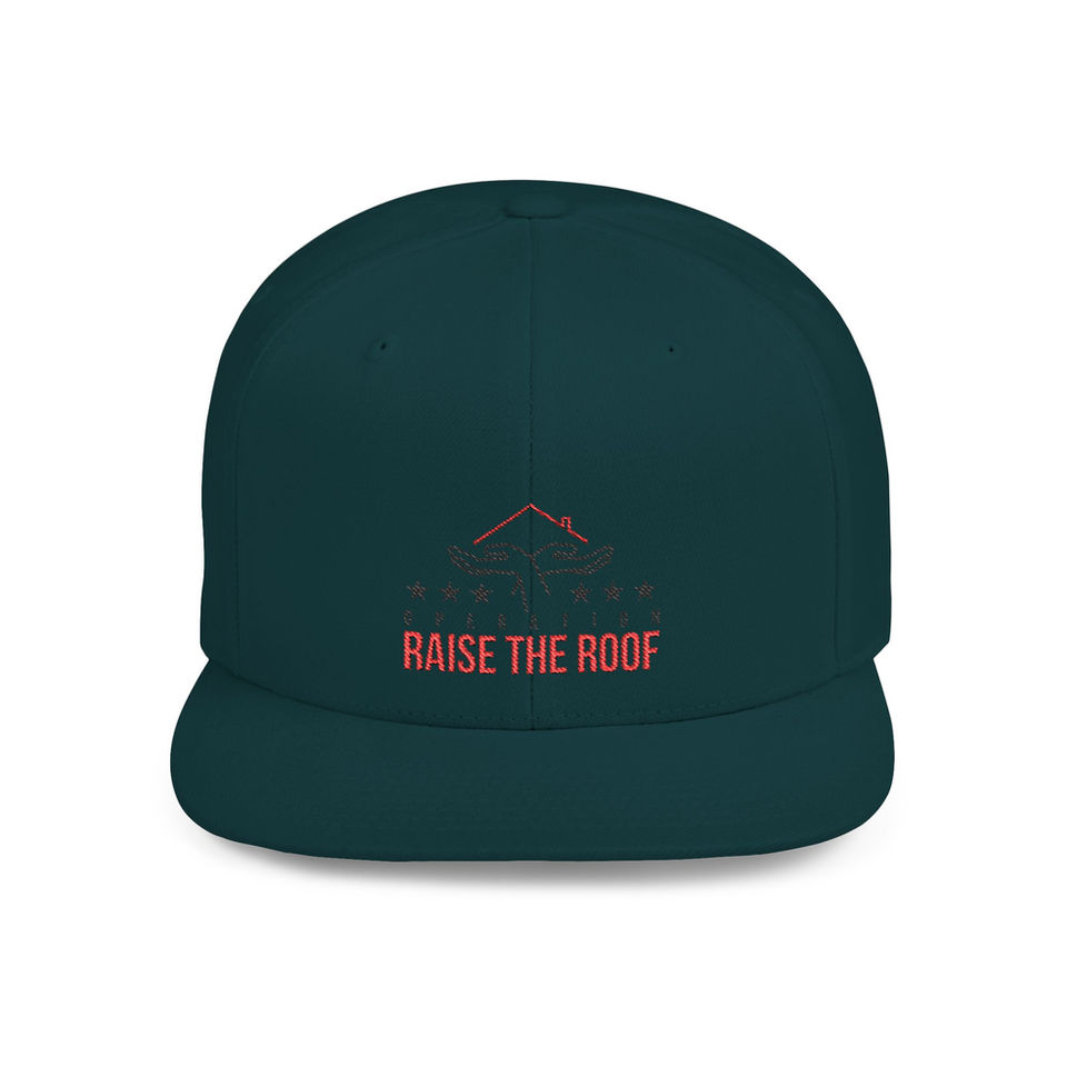 Green baseball hat with text: Raise the Roof. Vintage Cap - 'Raise the Roof' Embroidered Baseball Hat