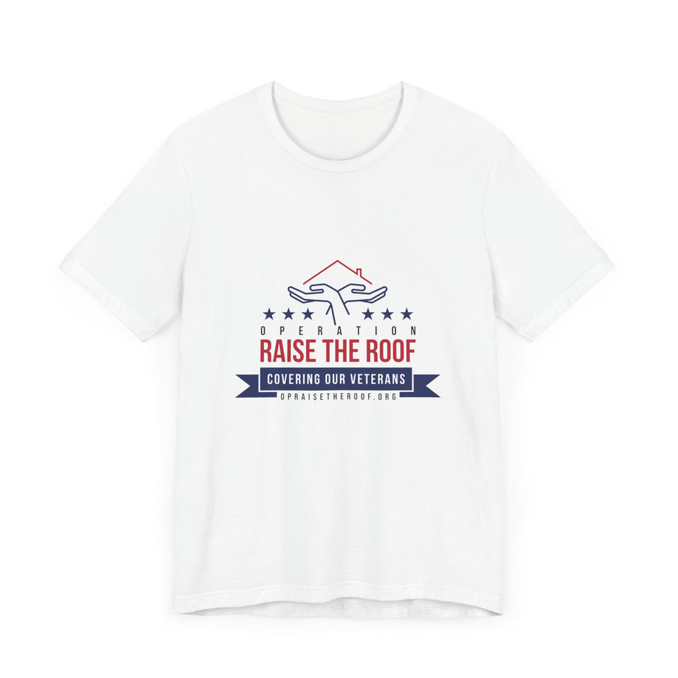 White t-shirt with patriotic design: Raise the Roof, Supporting Our Veterans, Op Raise The Roof
