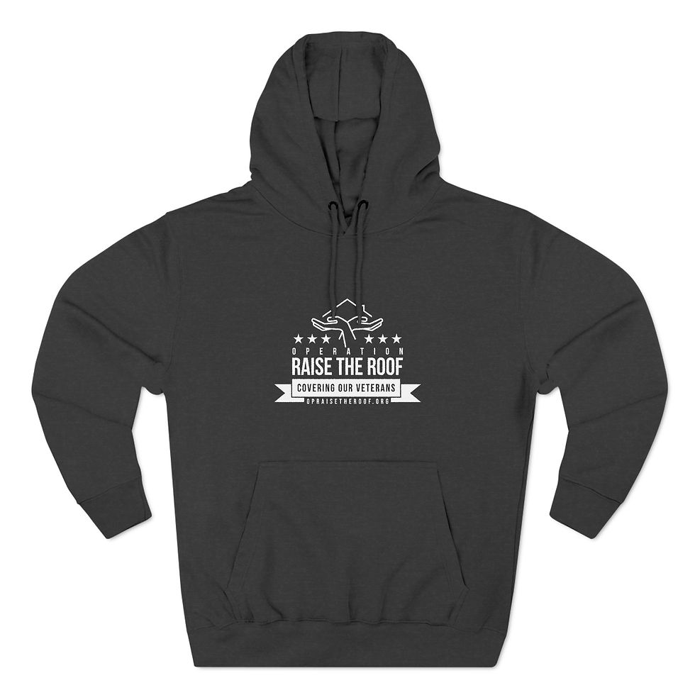 Dark gray hoodie with white text that reads, Raise The Roof, Op Raise The Roof.