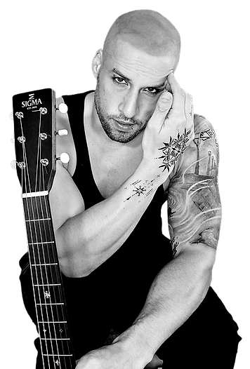 The image shows neoclassical and post classical guitarist Tatum Marshall looking at the camera with tattoos - including a hand tattoo - and lip and eyebrow piercings - holding an acoustic guitar while looking at the camera in a seductive and enticing way as album art for his album Songs in Calm and Chaos and Bringing Quiet Back - top and highly acclaimed albums in the neoclassical genre and perfect for sync licensing and music licensing for visual media - commercials - and cinematic instrumental scores for movies