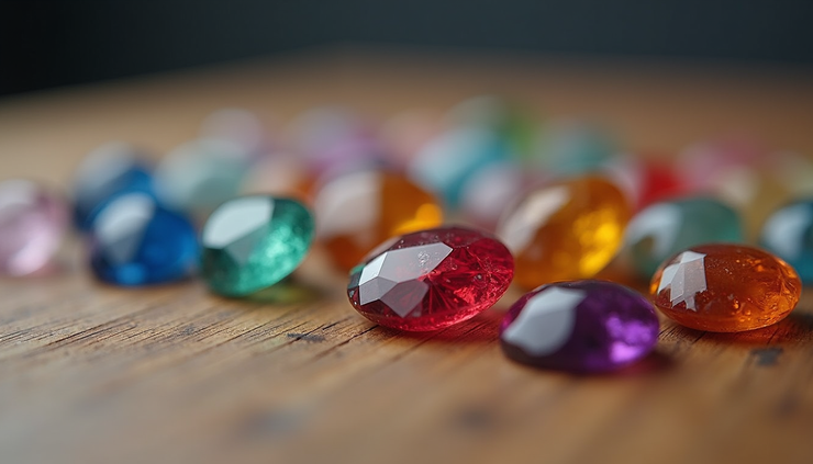 Close-up view of various colorful gemstones on a wooden surface