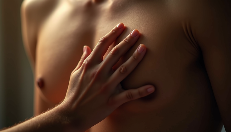 Close-up view of sensual touch on a man's chest in soft lighting