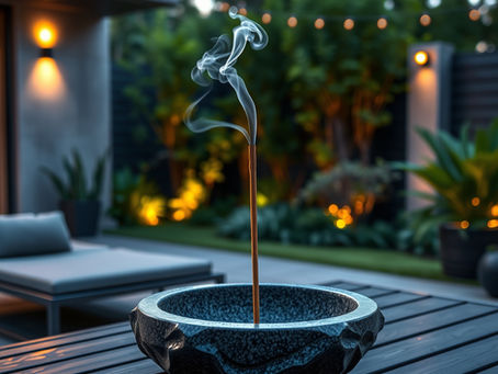 standing scented incense stick burning on an outdoor garden patio in evening with soft background lighting