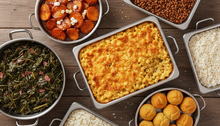 Overhead view of assorted soul food sides in serving pans on a wood table.