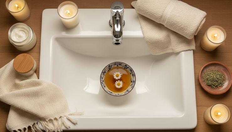 Overhead view of a finished herbal tea skincare setup beside a bathroom sink
