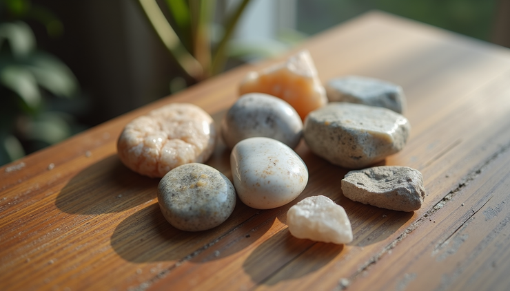 Close-up view of assorted tumbled stones and raw crystals on a wooden surface