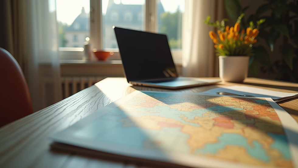 Eye-level view of a cozy home office with travel brochures and a laptop