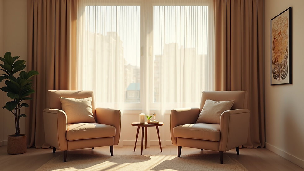 Eye-level view of a cozy therapy room with two chairs and soft lighting