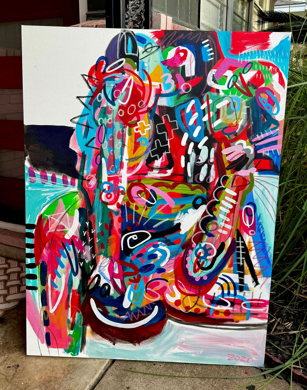 Two men in queer intimacy.  Bold, abstract composition charged with emotion and energy. Through vivid color, layerd texture, and expressive movement, this queer abstract painting conceals erotic imagery while revealing the coded beauty and complexity of LGBTQ life.