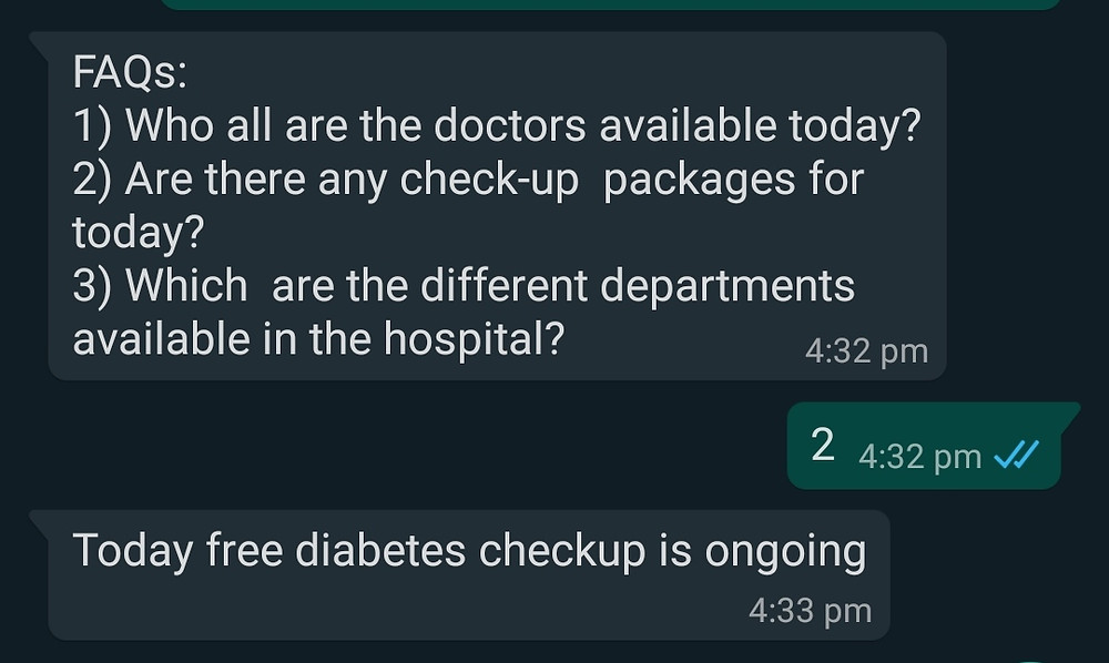 Whatsapp chatbot for replying to faqs and frequently asked questions for hospitals