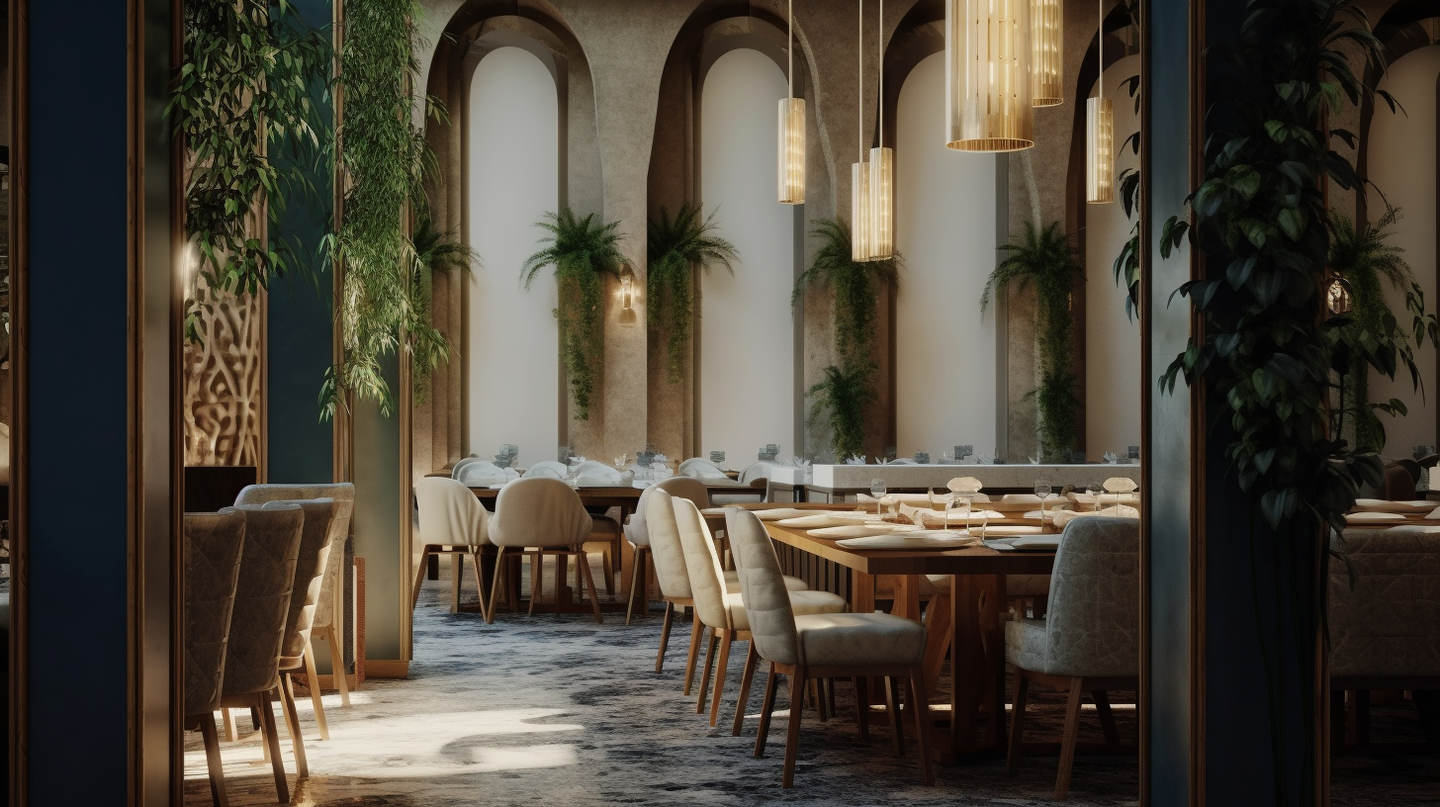 A luxurious, well-lit restaurant with tall arched windows, hanging pendant lights, and plush seating. Elegant chairs surround finely set tables. Lush green plants add a natural touch to the sophisticated ambiance.