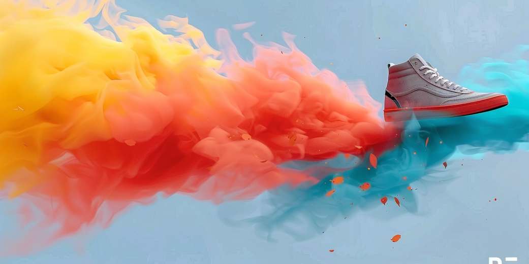A grey and white high-top sneaker is depicted on the right side of the image, with vibrant clouds of yellow, red, orange, and blue colors bursting behind it against a light blue background, creating a dynamic and energetic visual effect.