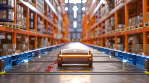 A small robotic vehicle navigates down a warehouse aisle lined with shelves full of boxes. The scene, depicted in 3D animation, showcases an automated process in a modern warehouse with a focus on efficiency and technology. The brightly lit warehouse enhances the futuristic appearance of the robot.