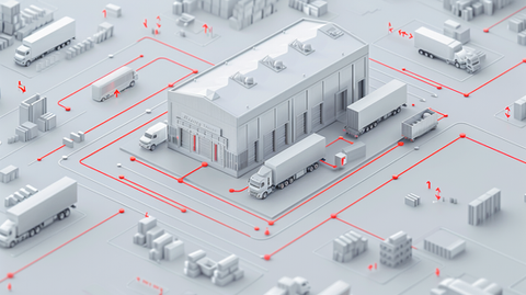 A 3D animation of a warehouse with surrounding trucks, containers, and cargo. Red arrows on the ground illustrate the flow of goods in and out of the warehouse, highlighting a logistics and supply chain process. The scene has a monochromatic color scheme.