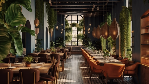 A stylish, modern restaurant with a mix of wooden tables and orange and brown chairs. Large windows let in natural light, illuminating the lush green plants hanging from the ceiling and walls. There are woven pendant lights hanging above the tables.