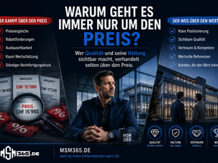 Ein Unternehmer sitzt nachdenklich an einem Tisch zwischen zwei Welten. Auf der linken Seite dominieren Preisvergleiche, Rabattforderungen und Austauschbarkeit. Auf der rechten Seite stehen Positionierung, sichtbare Qualität, Vertrauen und wertorientierte Kunden. Die Grafik verdeutlicht den Unterschied zwischen Unternehmen, die ständig über den Preis diskutieren müssen, und Unternehmen, die ihren Wert sichtbar machen und dadurch bessere Kunden gewinnen.