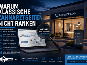 Moderne Zahnarztpraxis bei Abendstimmung mit digitaler Webseite und Fokus auf Online-Sichtbarkeit. Das Motiv symbolisiert die Herausforderungen vieler Zahnarzt-Webseiten bei Google-Rankings, Suchmaschinenoptimierung und digitaler Wahrnehmung. Ideal für Inhalte rund um Zahnarzt-Webdesign, SEO für Zahnärzte, Sichtbarkeit, Patientengewinnung und die Analyse von Praxis-Webseiten.