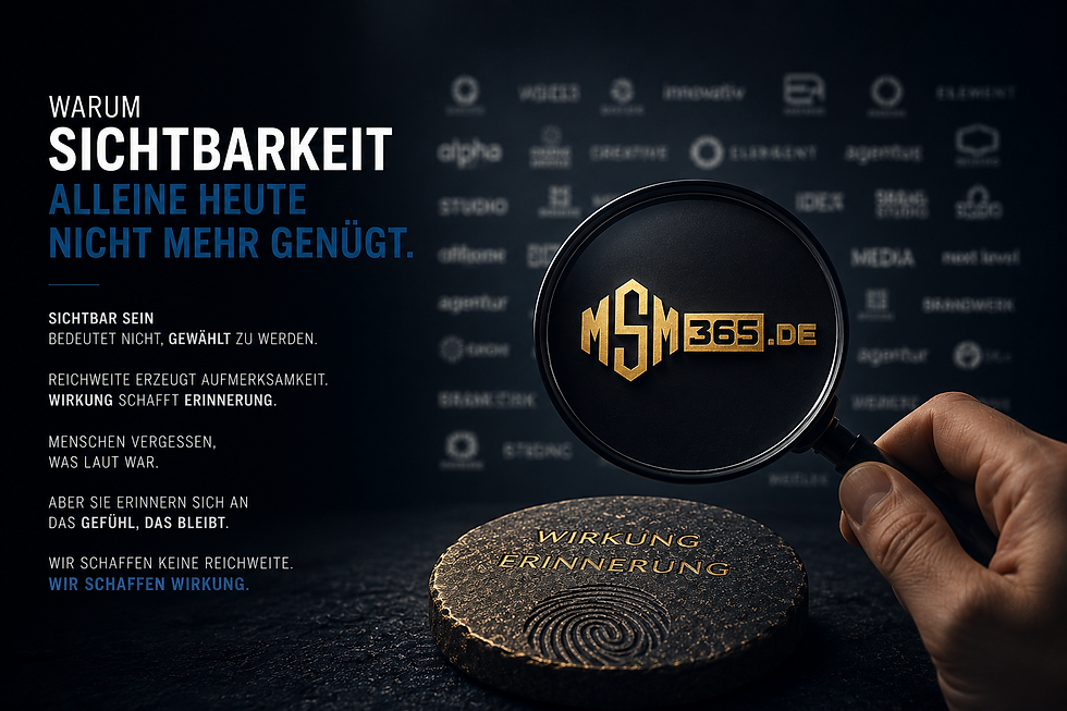 Monumentales Deep-Blue-Markendesign von MSM365.DE mit Hand und Lupe vor einer verschwommenen Logo-Wand. Das goldene MSM365.DE Logo erscheint als einziges scharf und symbolisiert Wirkung, Wiedererkennung, Identität und bewusste Positionierung in einer überladenen digitalen Welt.