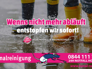 Kanal-Ratte AG: Wenns nicht mehr abläuft, entstopfen wir sofort! 24h Service ohne Notfallpauschale!