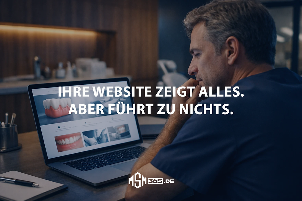 Zahnarzt sitzt in moderner Praxis vor Laptop mit Website – sichtbar online, aber ohne neue Patienten durch fehlende Wirkung