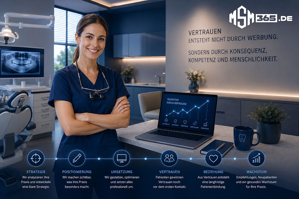 Moderne Zahnarztpraxis im Deep-Blue-Stil als Symbol für professionelle Marketingbegleitung, klare Positionierung und langfristige Entwicklung von Zahnarztpraxen durch MSM365.DE.