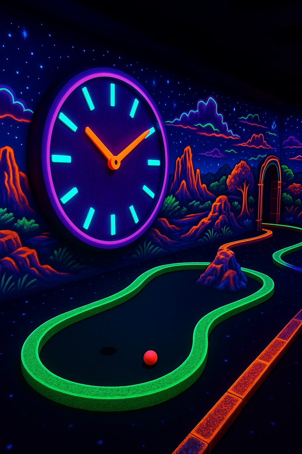 3d uv minigolf schweiz, 3d minigolf reichenburg, uv minigolf erleben, schwarzlicht minigolf 3d, minigolf mit uv licht, minigo