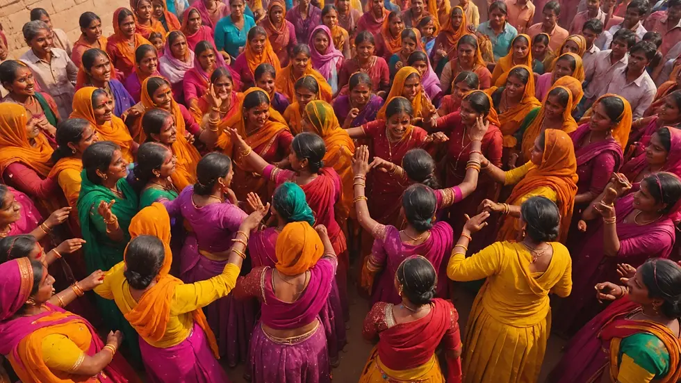 High angle view of colorful women dancing during Lathmar Holi