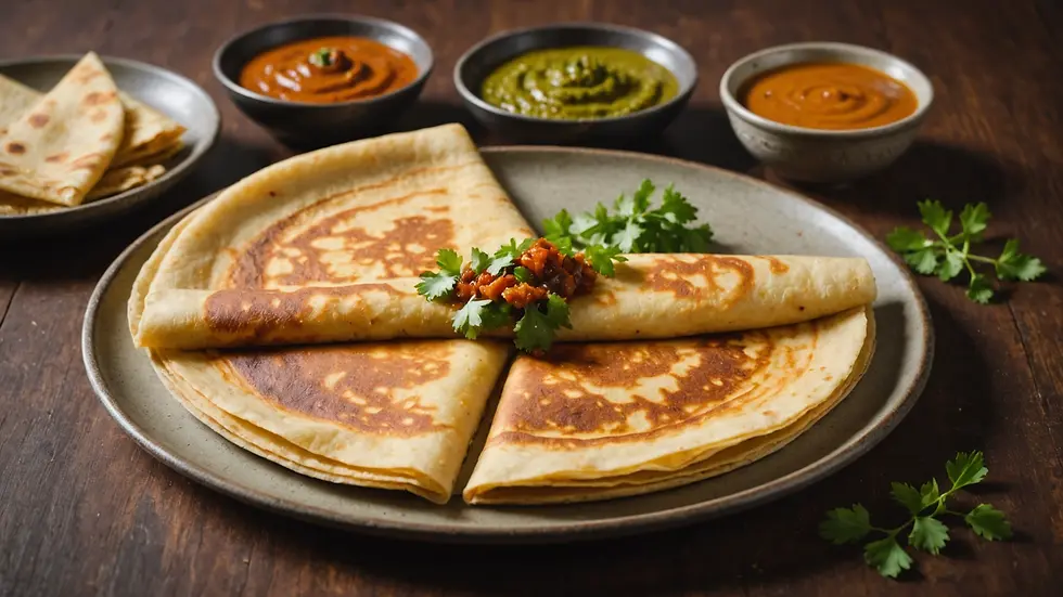 High angle view of a rawa dosa on a serving plate with chutney