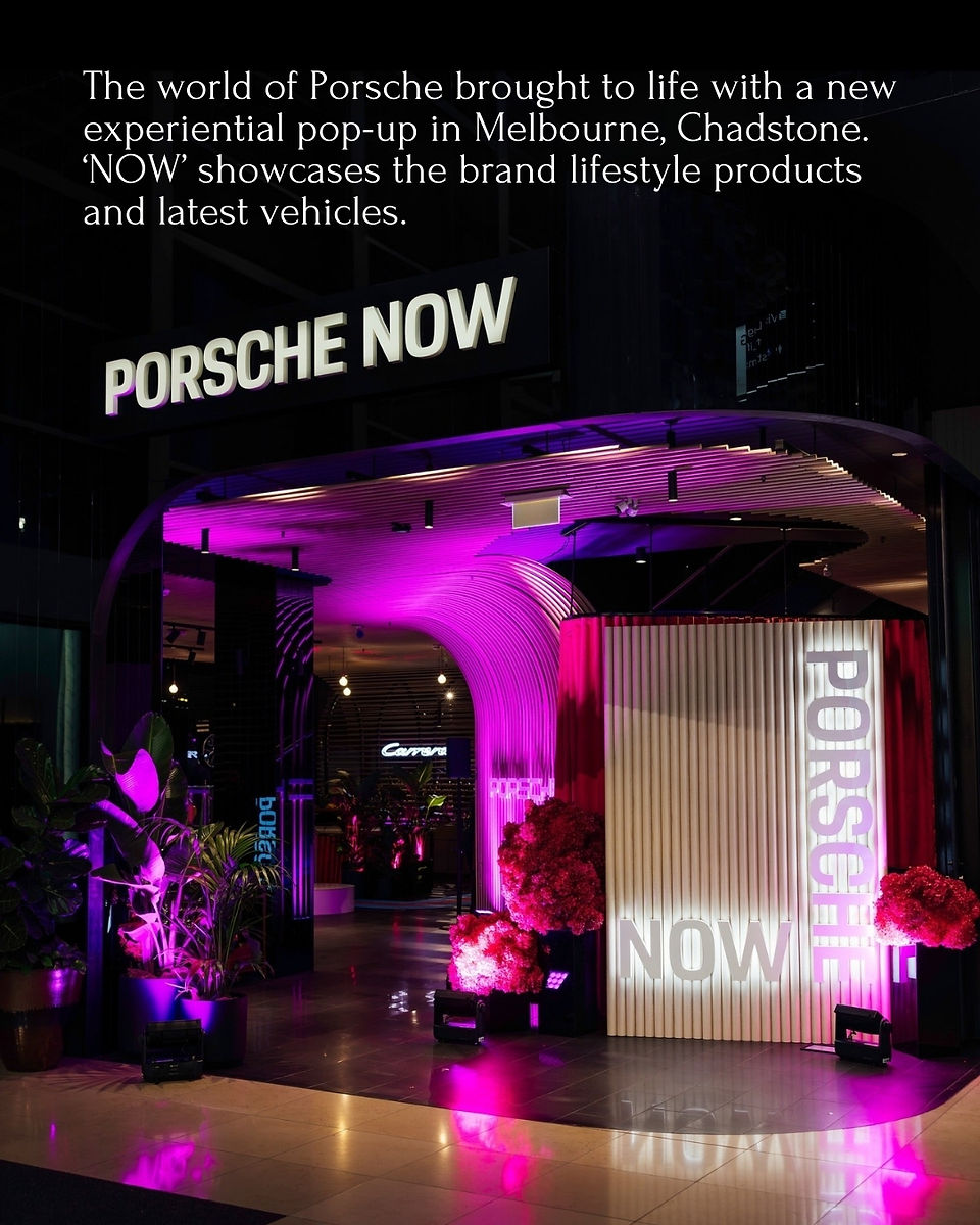 Porche logo pop-up in dark space purple neon lights