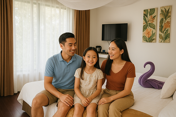 Family enjoying tropical private pool villa stay in Puerto Princesa Palawan