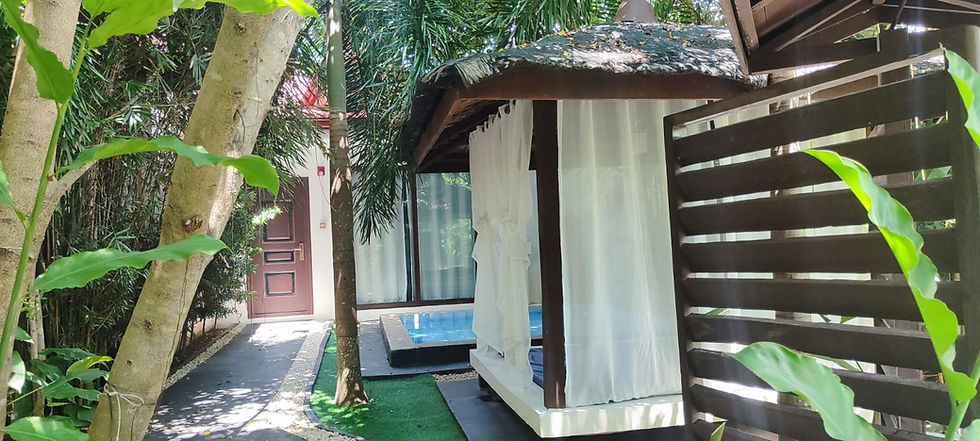 View of the entrance to a luxurious villa at Carpe Diem Villas & Resort, with a glimpse of the private pool.