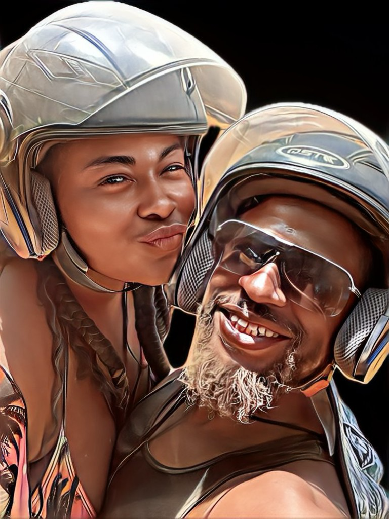 Smiling Black couple in helmets