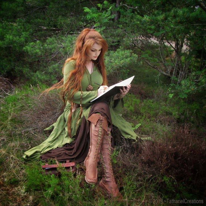 Fire-Haired Witch in Green Reading Her Grimoire in the Forest